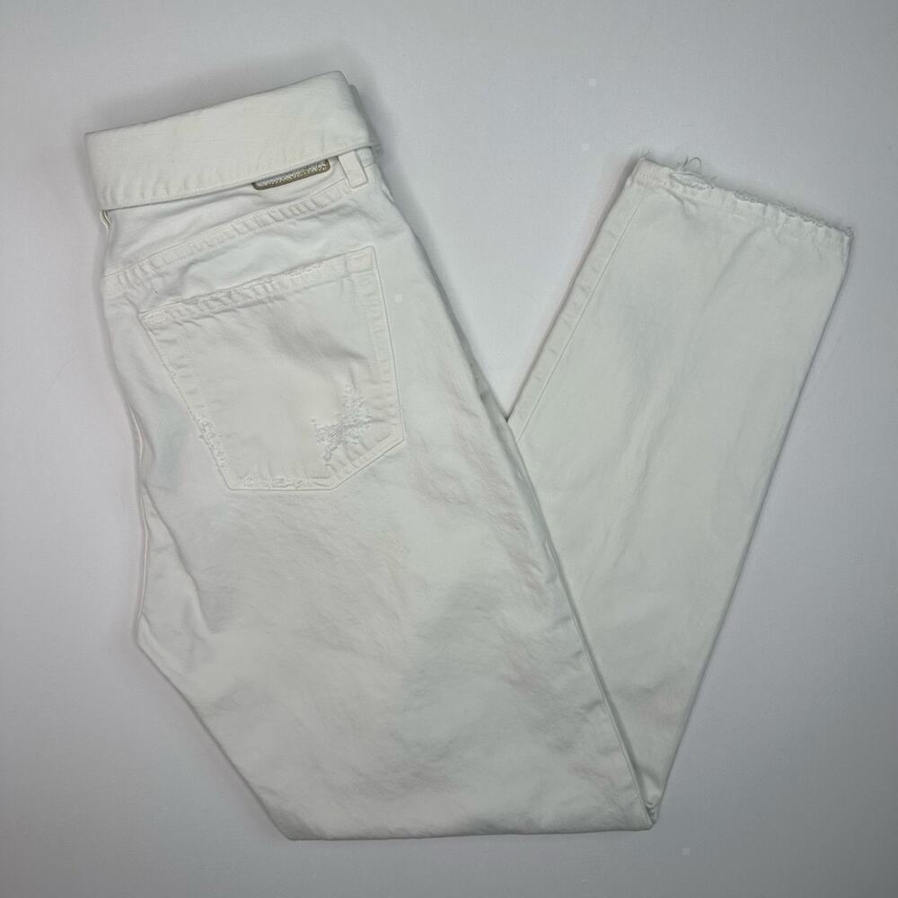 Jean Atelier Foldover High Waist Distressed Cream Denim Jeans